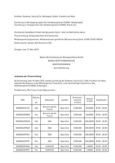 Anlage zum Kursblatt vom 17. März 2010 der Baden ...