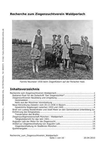 Recherche zum Ziegenzuchtverein Waldperlach Inhaltsverzeichnis