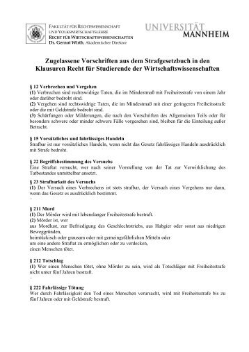 zugelassenen Auszügen aus dem StGB - Wirth