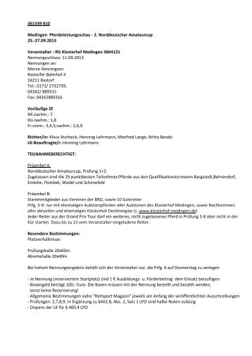 Vorläufige Ausschreibung 2013 - Klosterhof Medingen