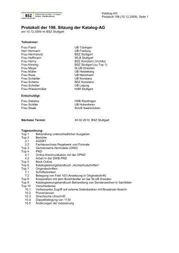 Protokoll der 198. Sitzung der Katalog-AG - Verbund-SWOP