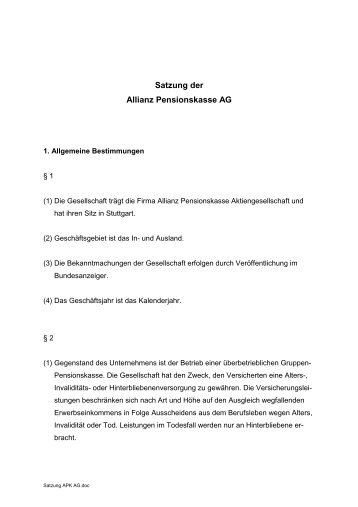 Satzung der Allianz Pensionskasse AG - R+V Versicherung