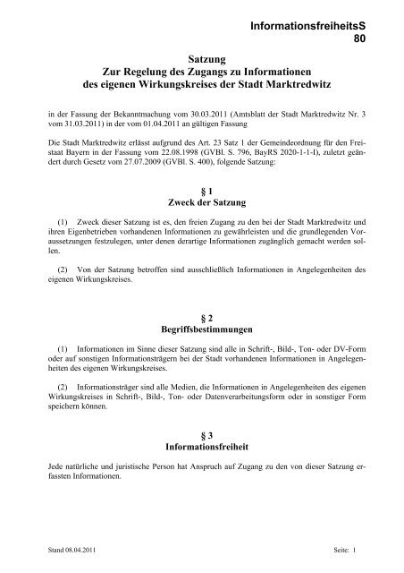 Informationsfreiheitssatzung - Stadt Marktredwitz