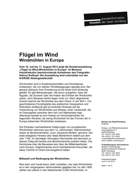 Flügel im Wind. Windmühlen in Europa - Museen der Stadt Nürnberg