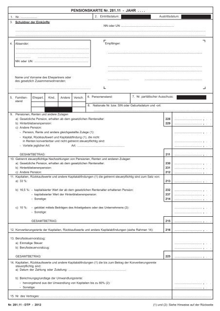 PENSIONSKARTE Nr. 281.11 - JAHR . . . . - Fiscus.fgov.be