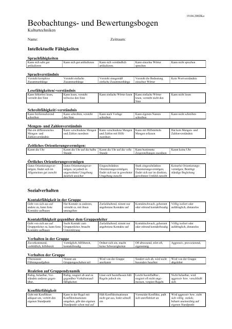 Beobachtungs- und Bewertungsbogen - aktionbildung