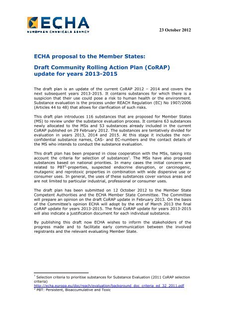 Draft Community Rolling Action Plan (CoRAP) - ECHA - Europa