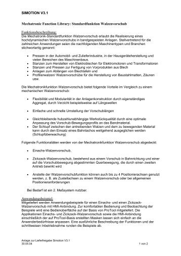 SIMOTION V3.1 Mechatronic Function Library: Standardfunktion ...