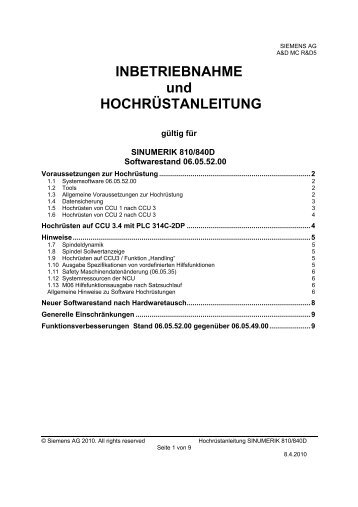 INBETRIEBNAHME und HOCHRÜSTANLEITUNG - Siemens ...
