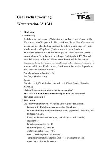 Gebrauchsanweisung Wetterstation 35.1043 - TFA