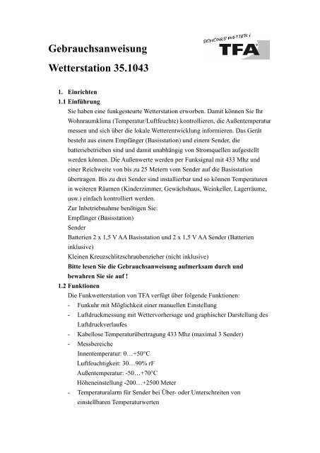 Gebrauchsanweisung Wetterstation 35.1043 - TFA