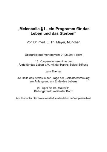 „Melencolia § I - ein Programm für das Leben und das Sterben“