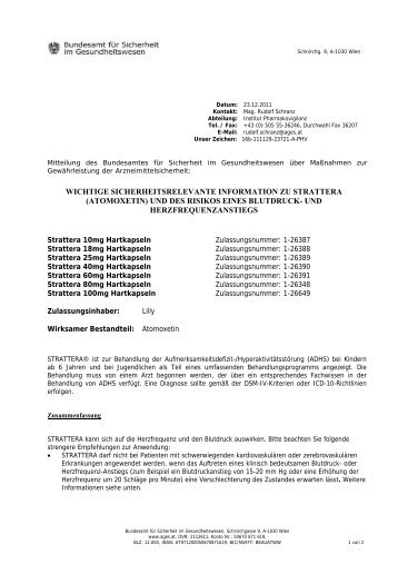 Wichtige sicherheitsrelevante Information zu Strattera (Atomoxetin)