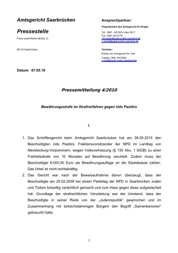 Pressemitteilung 4/2010 - Saarland: Justiz - Amtsgericht Saarbrücken