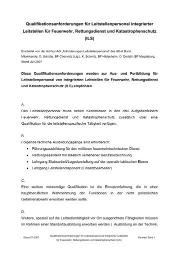 Qualifikationsanforderungen für Leitstellenpersonal ... - AGBF Bund