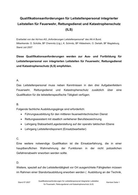 Qualifikationsanforderungen für Leitstellenpersonal ... - AGBF Bund