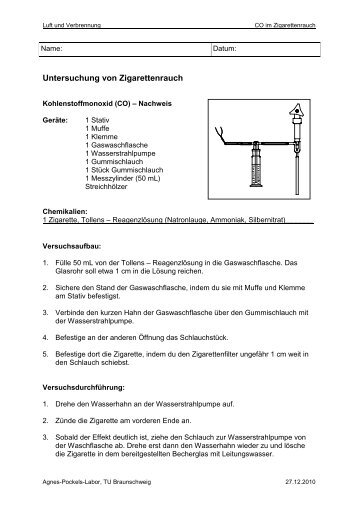 CO im Zigarettenrauch - Agnes-Pockels-Labor