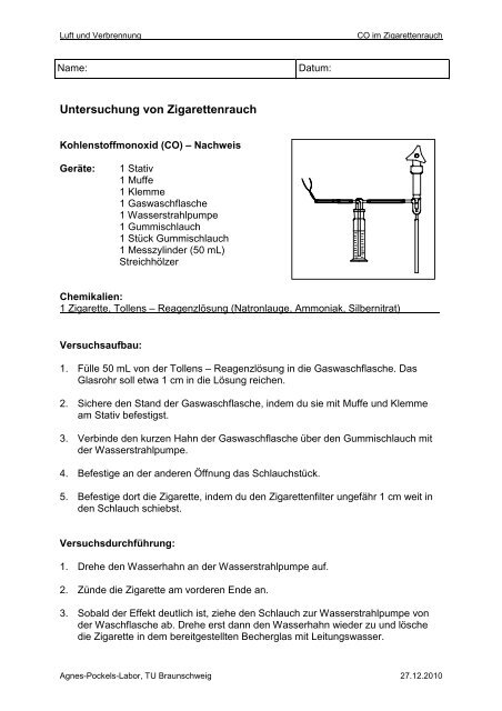 CO im Zigarettenrauch - Agnes-Pockels-Labor