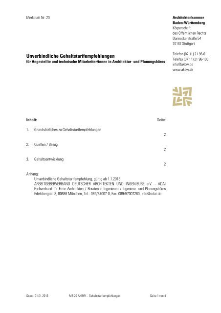 Unverbindliche Gehaltstarifempfehlungen - Architektenkammer ...