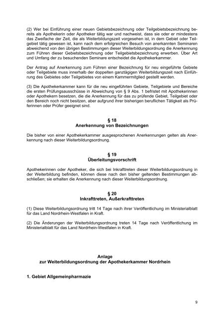 Weiterbildungsordnung für Apothekerinnen und Apotheker