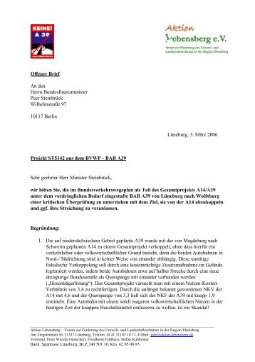 offenen Brief an Finanzminister Steinbrück - Aktion Lebensberg eV