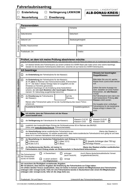 Antrag auf Ersterteilung, Neuerteilung ... - Alb-Donau-Kreis