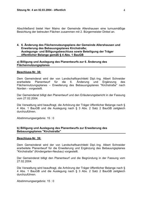 Gemeinderates Allershausen am 02. März 2004