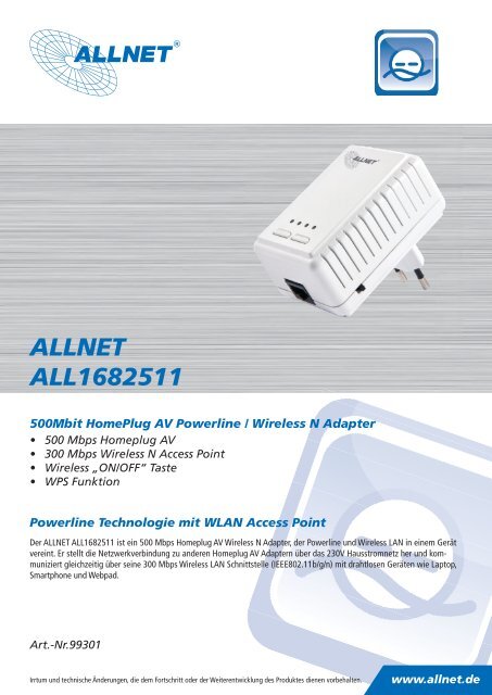 ALLNET ALL1682511 500Mbit HomePlug AV Powerline / Wireless ...