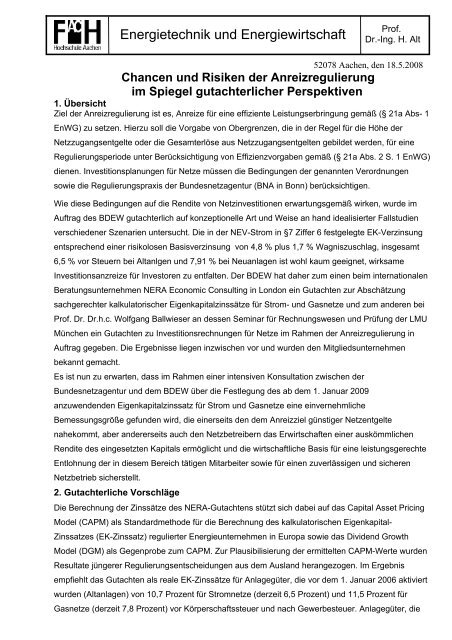 Anreizregulierung im Spiegel der Gutachter - von Prof. Dr.-Ing. H. Alt ...