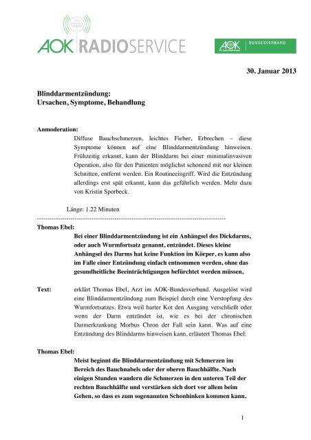 30. Januar 2013 Blinddarmentzündung - AOK-Bundesverband