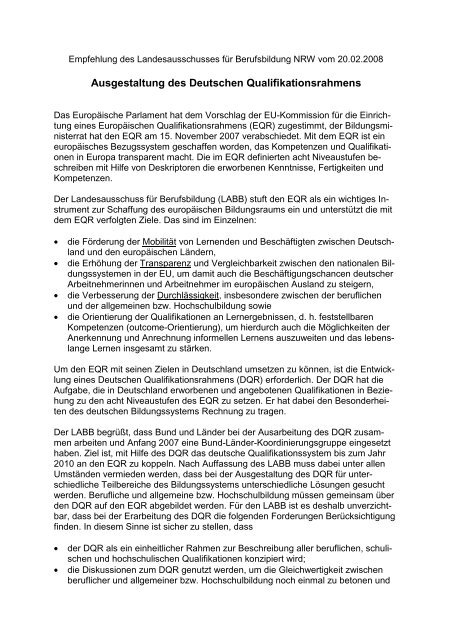 Empfehlung vom Februar 2008 - Thema: Qualifikationsrahmen (PDF)