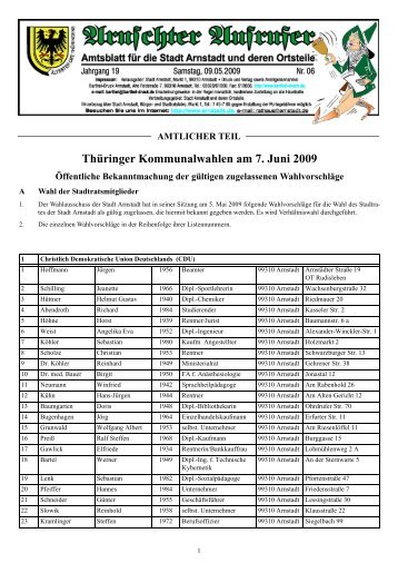 Thüringer Kommunalwahlen am 7. Juni 2009 - Stadt Arnstadt