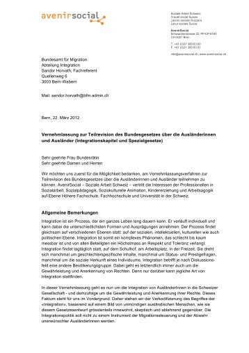 Vernehmlassungsantwort - AvenirSocial