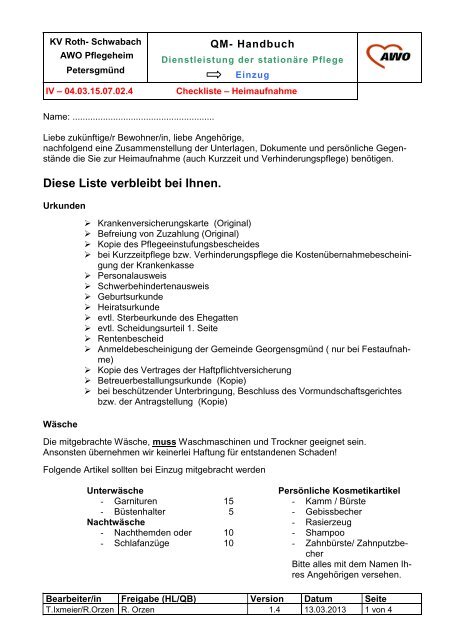 Checkliste für die Heimaufnahme - AWO Kreisverband Roth ...