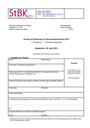 Antrag auf Zulassung zur Steuerberaterprüfung 2013