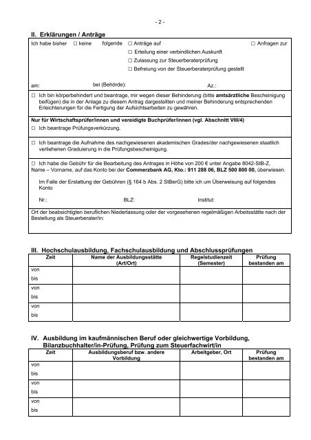 Antrag auf Zulassung zur Steuerberaterprüfung 2013