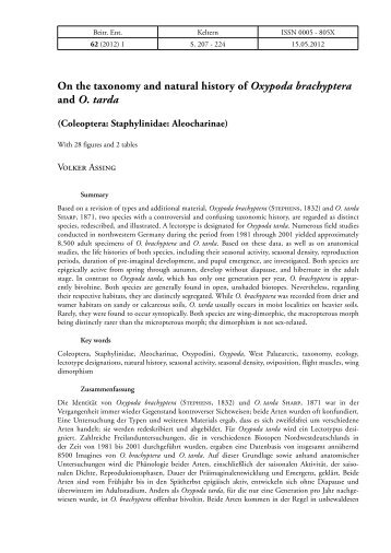On the taxonomy and natural history of Oxypoda brachyptera and O ...