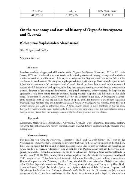 On the taxonomy and natural history of Oxypoda brachyptera and O ...