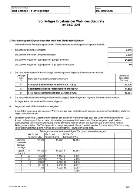 Vorläufiges Ergebnis der Wahl des Stadtrats - Rathaus Bad Berneck