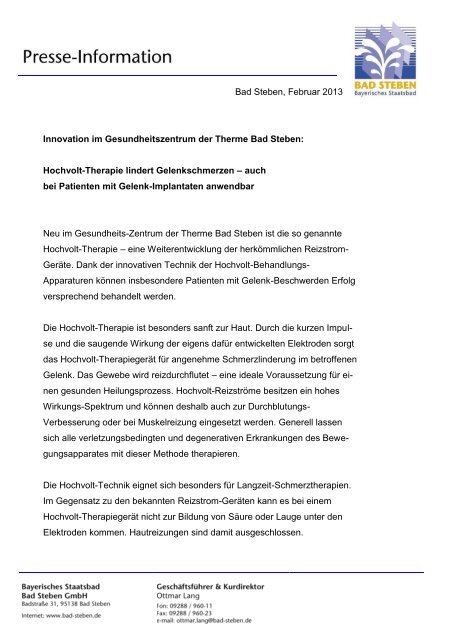 Hochvolt-Therapie lindert Gelenkschmerzen - Bad Steben