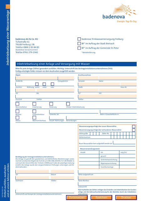 Formular zur Inbetriebsetzung einer Wasseranlage - badenova AG ...