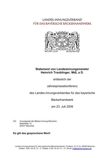 Statement von Landesinnungsmeister Heinrich Traublinger, MdL a D.