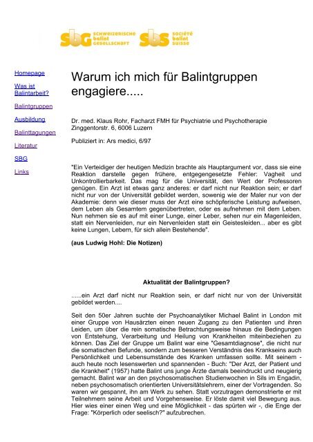 Klaus Rohr: 'Warum ich mich für Balintgruppen engagiere.....'