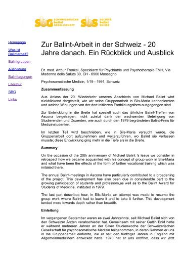 Arthur Trenkel: 'Zur Balint-Arbeit in der Schweiz - 20 Jahre danach'