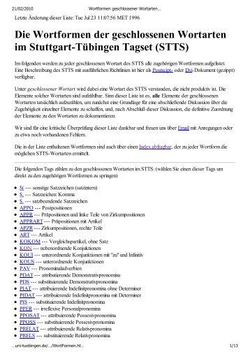 Wortformen geschlossener Wortarten im STTS (Tue Jul 23 11:07:56 ...