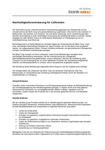 Nachhaltigkeitsvereinbarung für Lieferanten - Bank Coop
