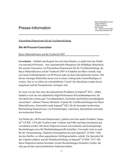 Presse-Information - Bayer Coatings