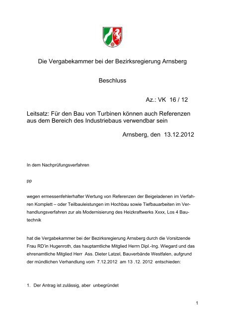 Die Vergabekammer bei der Bezirksregierung Arnsberg Beschluss ...