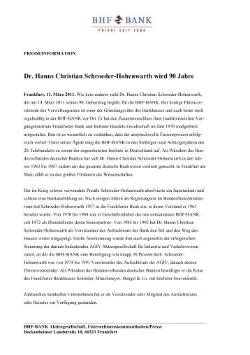 Dr. Hanns Christian Schroeder-Hohenwarth wird 90 Jahre