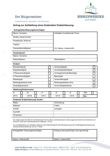 Antrag zur Aufstellung eines Grabmales/ Grabeinfassung